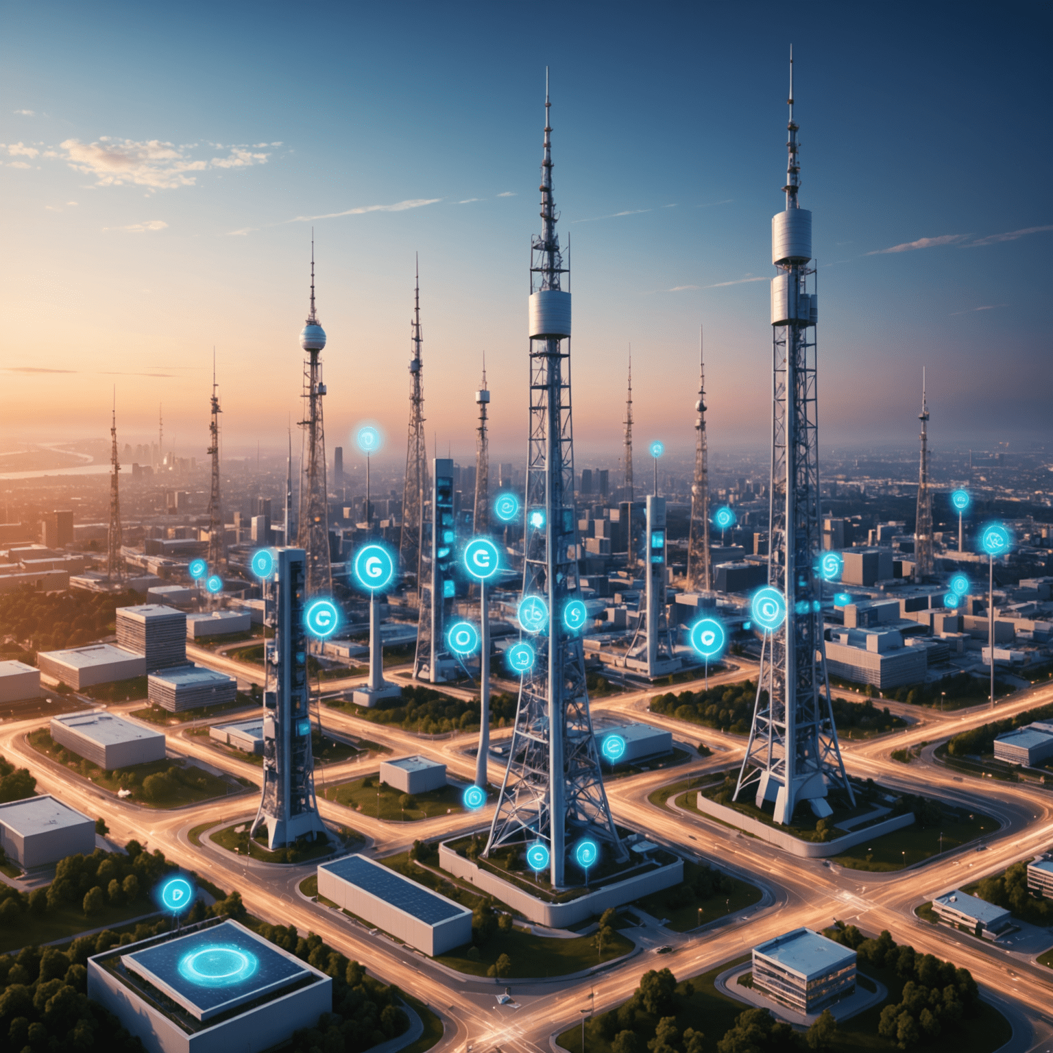 صورة توضيحية لشبكة الجيل الخامس 5G تظهر أبراج الاتصالات والأجهزة المحمولة المتصلة